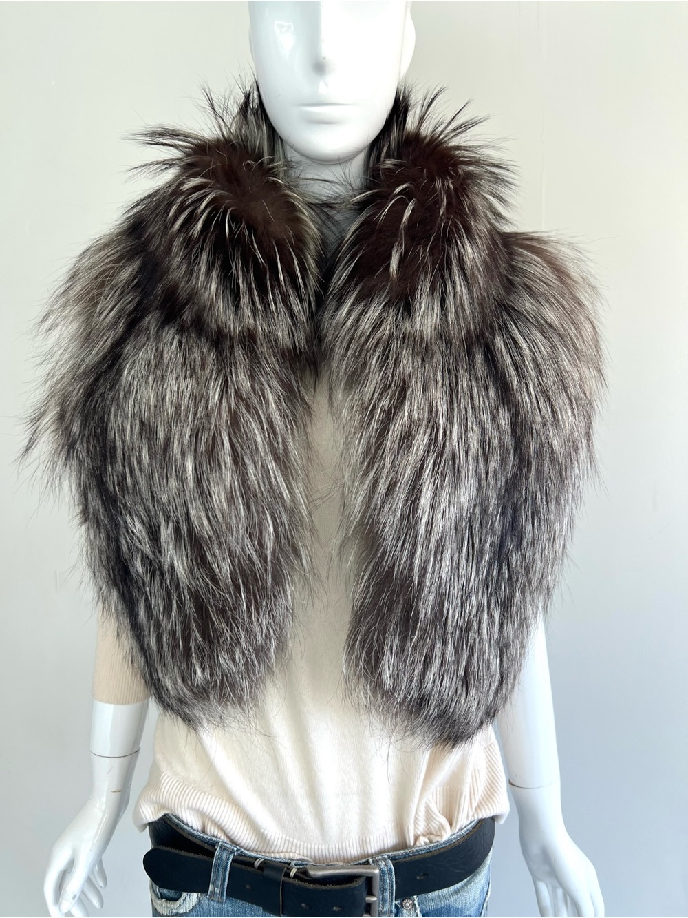 JINDO Original Vintage Genuine Fur Vest 100% Wool Lining Luxury White Brown Sz S